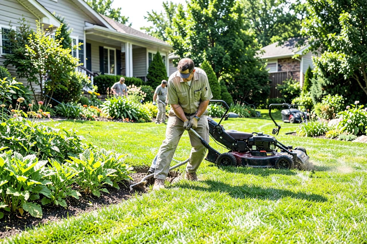 Landscaping crew maintaining a residential property