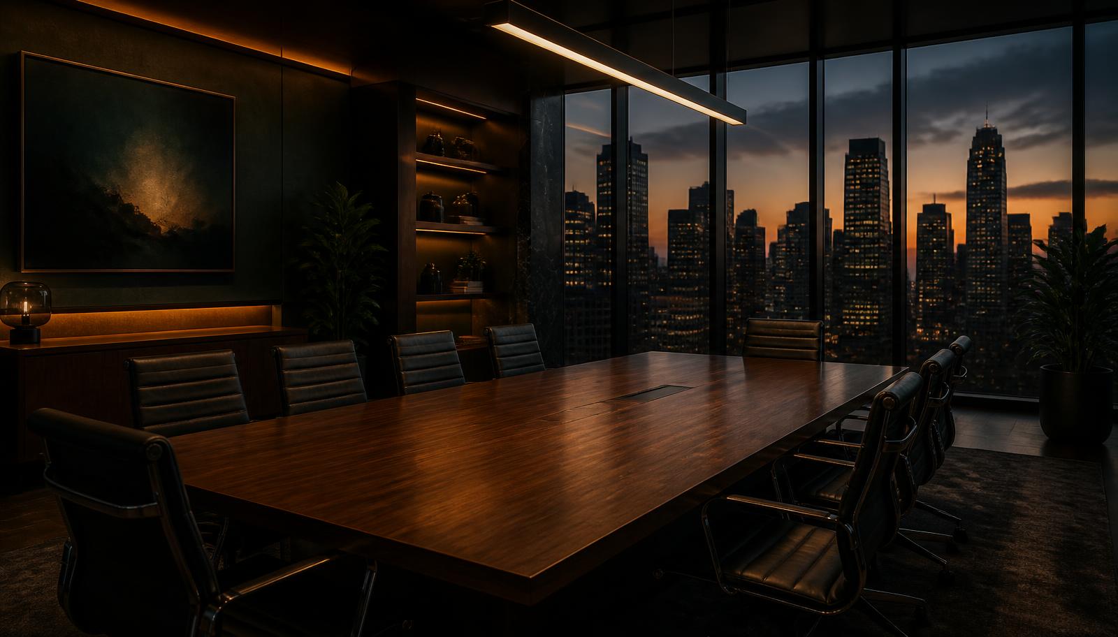 A modern executive meeting room with a city skyline at dusk.