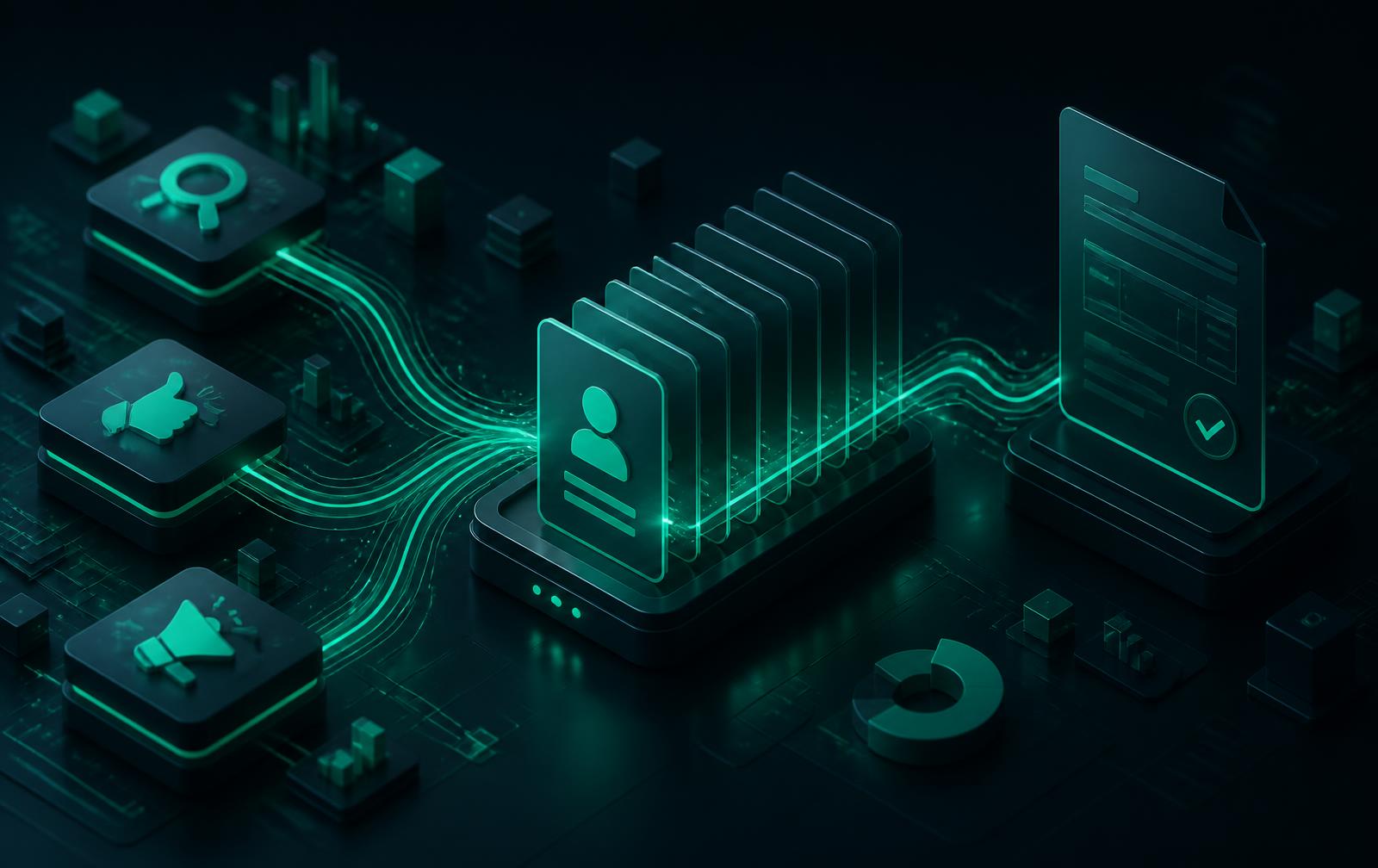 Lead generation automation flow from Facebook, Google and ChatGPT ads into a CRM pipeline and a quote