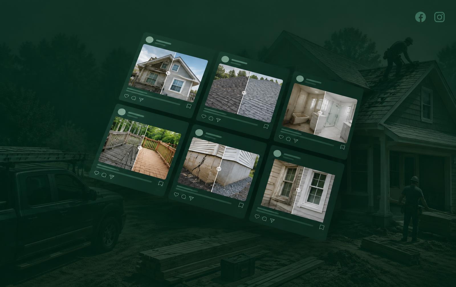 Social media feed grid for contractor content floating above a job site