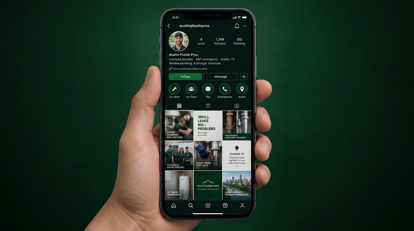 Instagram profile of a plumbing contractor on a phone, showing a clean 9-post grid of job photos