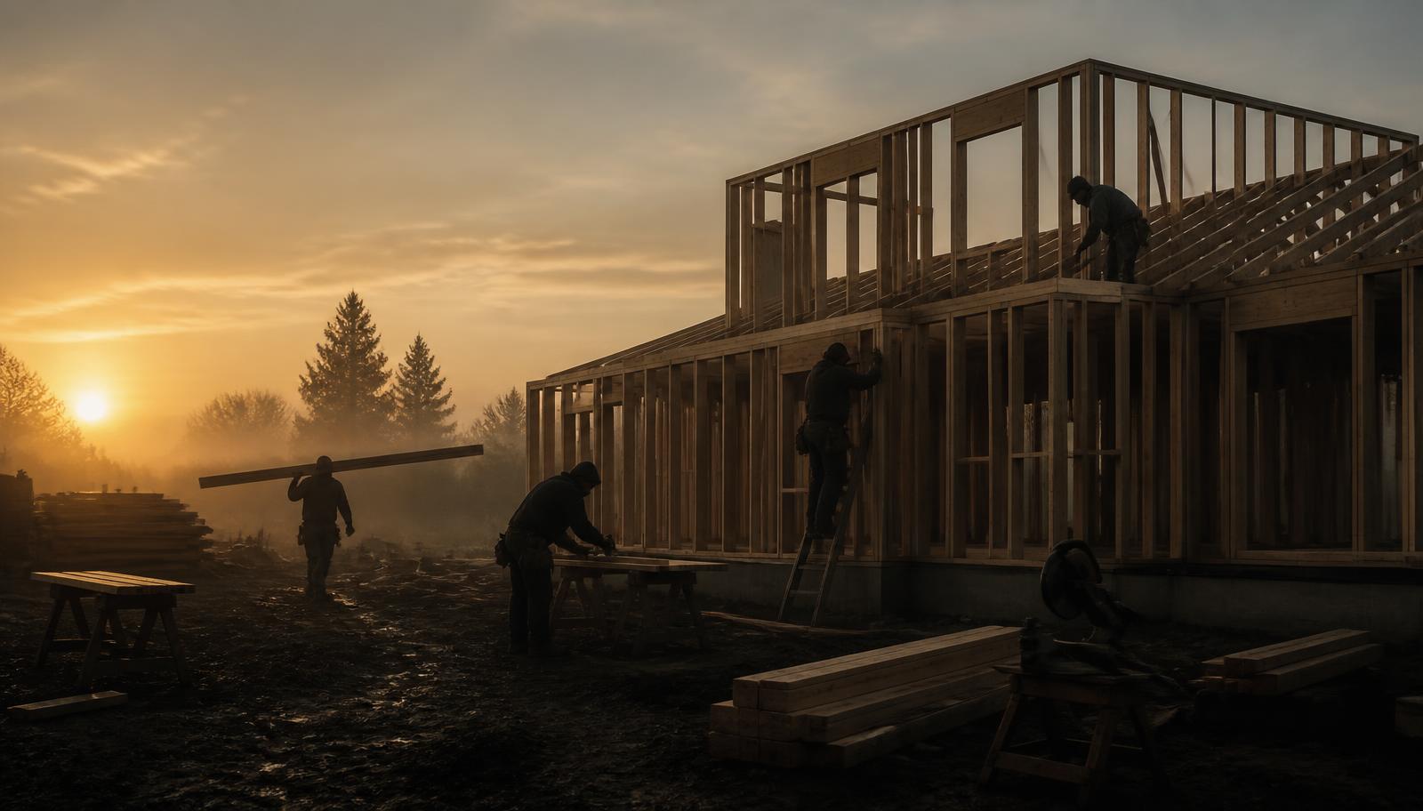 A residential construction crew framing a house at dawn.