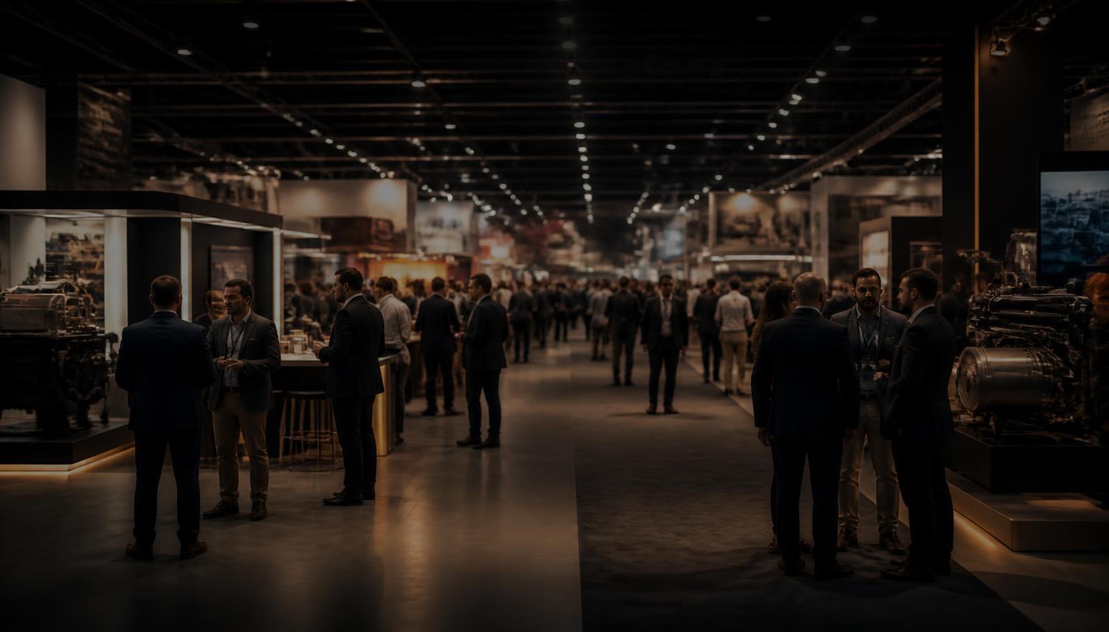 A busy industrial trade show exhibition hall with professionals networking.